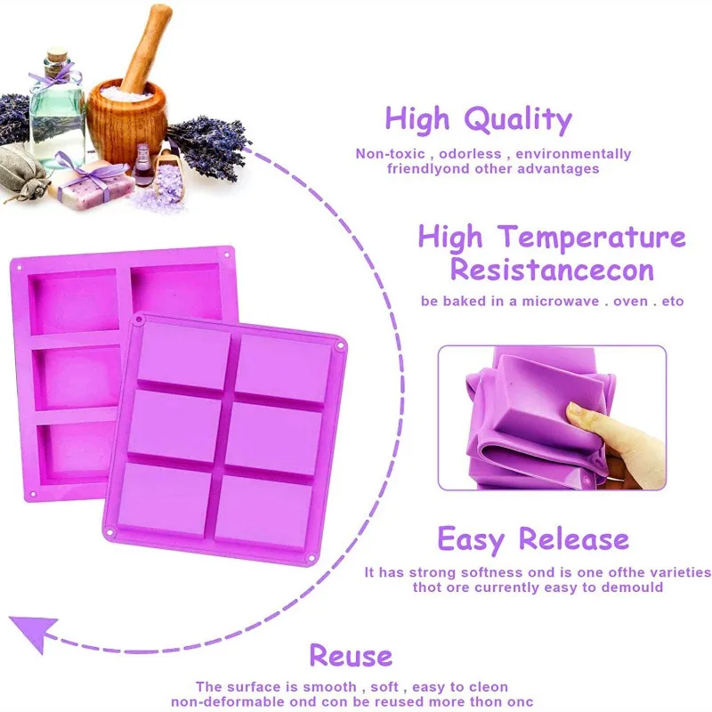 6 Grids Rectangle Silicone Soap Making Molds DIY Cake Bakeware Mold Soap Silicone Cake Mold Handmade Cold Soap Molds Tools Gifts