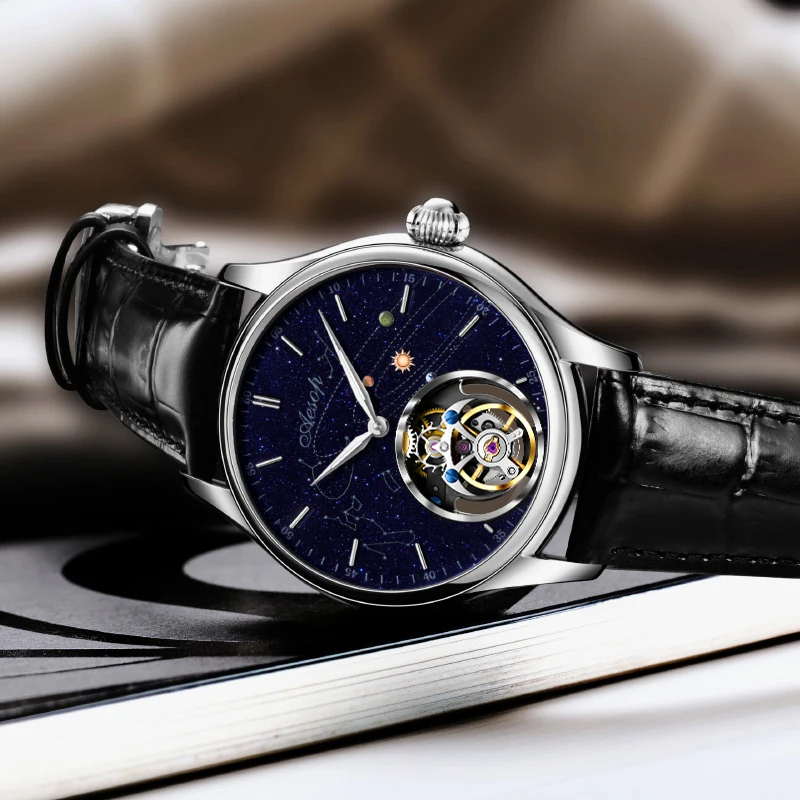 Super AESOP Flying Tourbillon Watch for Men Milky Way Star Sapphire Dial Luxury Steel Band Male Mechanical WristWatches 1963 5