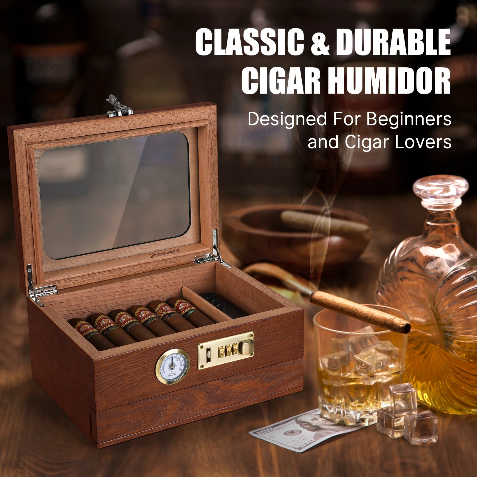 Cigar Humidor Cedar Wood Humidor Cigar Box Glass Top Desktop Humidor with Front Hygrometer Humidifier Divider Accessories Drawer 6