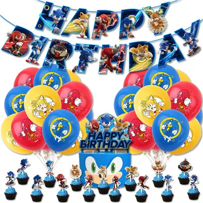 thumbnail image 1 of Kit de suministros para fiestas de Sonic, vajilla de papel para fiestas de cumpleaños de niños, platos de papel, vasos, servilletas, decoraciones para baby shower, bolsas de regalo de Sonic, 1 of 5