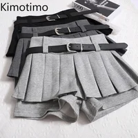 Kimotimo Womens Shorts Autumn Winter Belt High Waist Fluffy Pleated A-line Short Pants Korean Fashion Sexy Y2k All Match Clothes