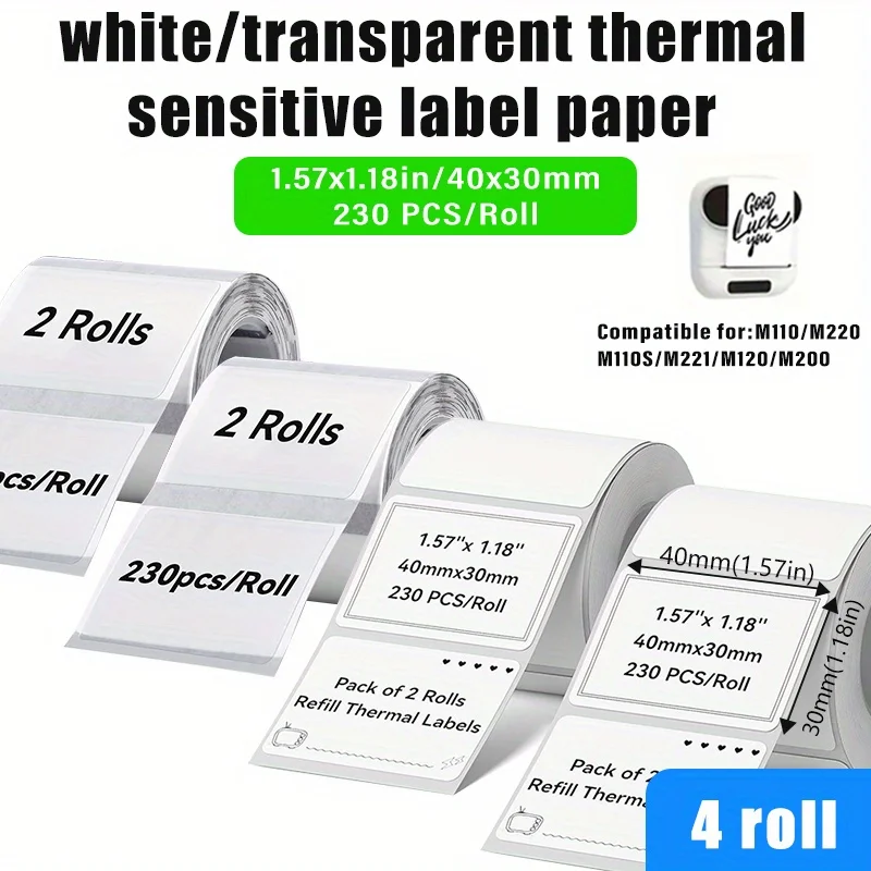 4롤 투명 흰색 콤보 열전사 라벨 40x30mm 920개 호환 M110 M221 M220 M120 라벨 프린터