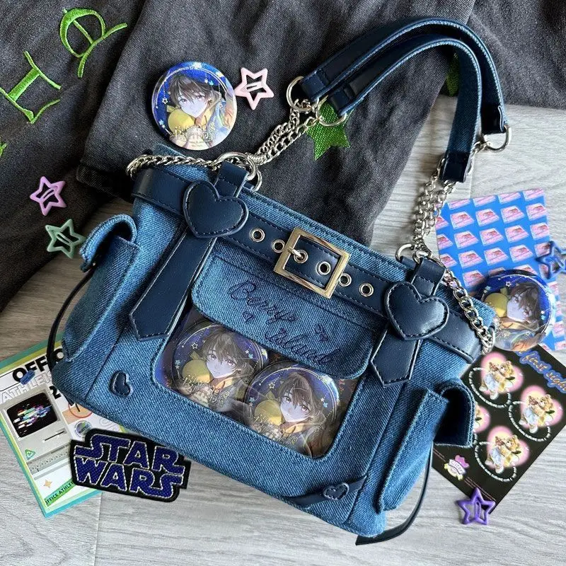 Japanese Denim Transparent Pocket Chain Lolita Women Shoulder Crossbody Bag Cute All Match Handbag Itabag Designer Bag
