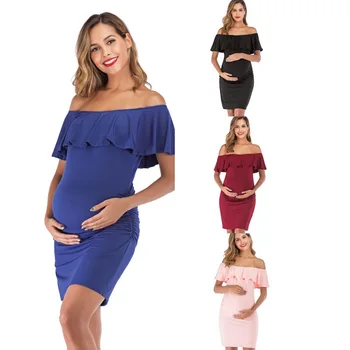 European And American Women's Fashionable Slim Fit One Neck Solid Color Mid Skirt Maternity Dress
