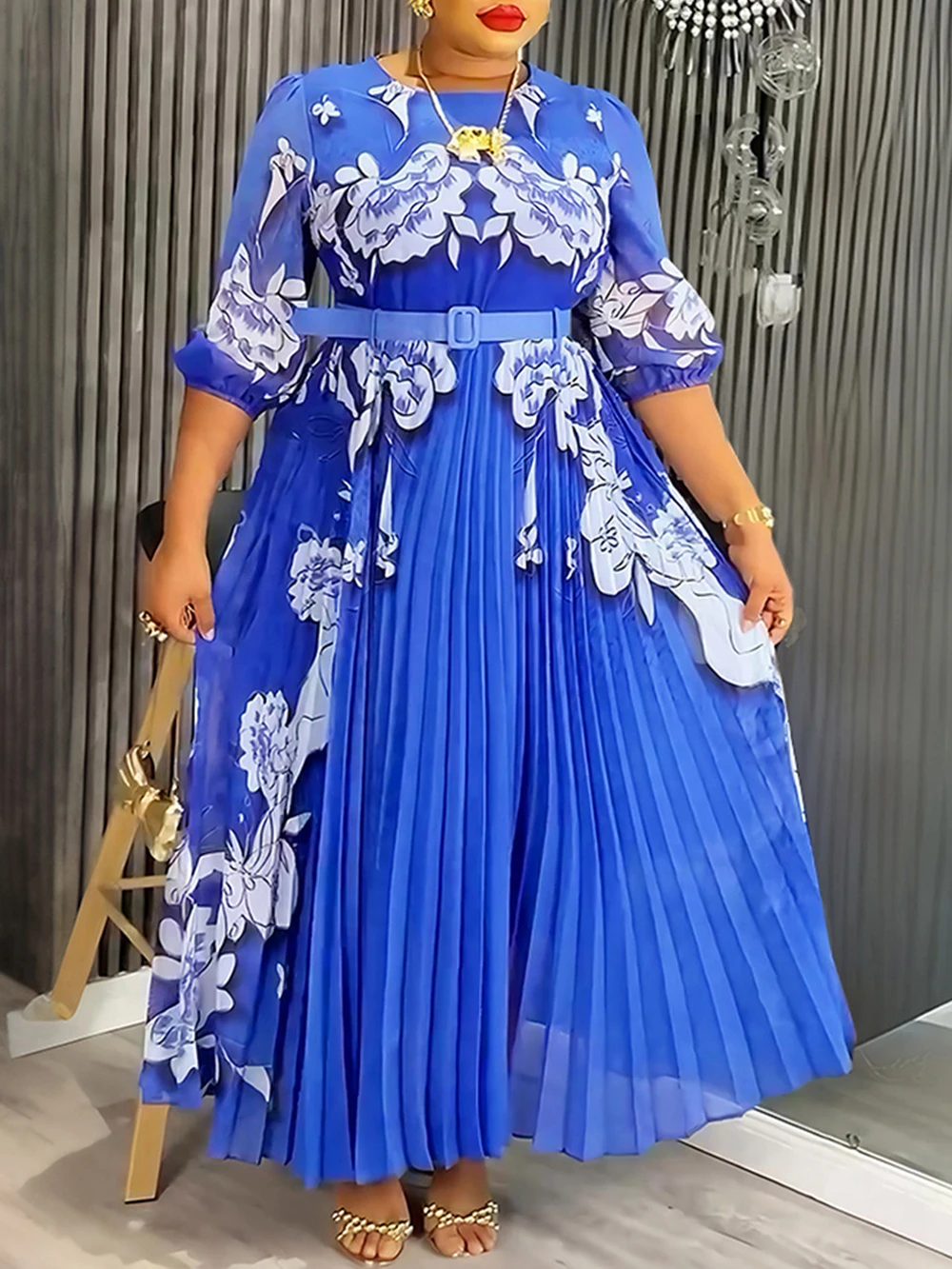 green emerald velvet dress Zapaka Women Purple Floral Printed Chiffon A-Line Prom Dress V-Neck Long Sleeves Long Evening Dress, Purple / S main image 0