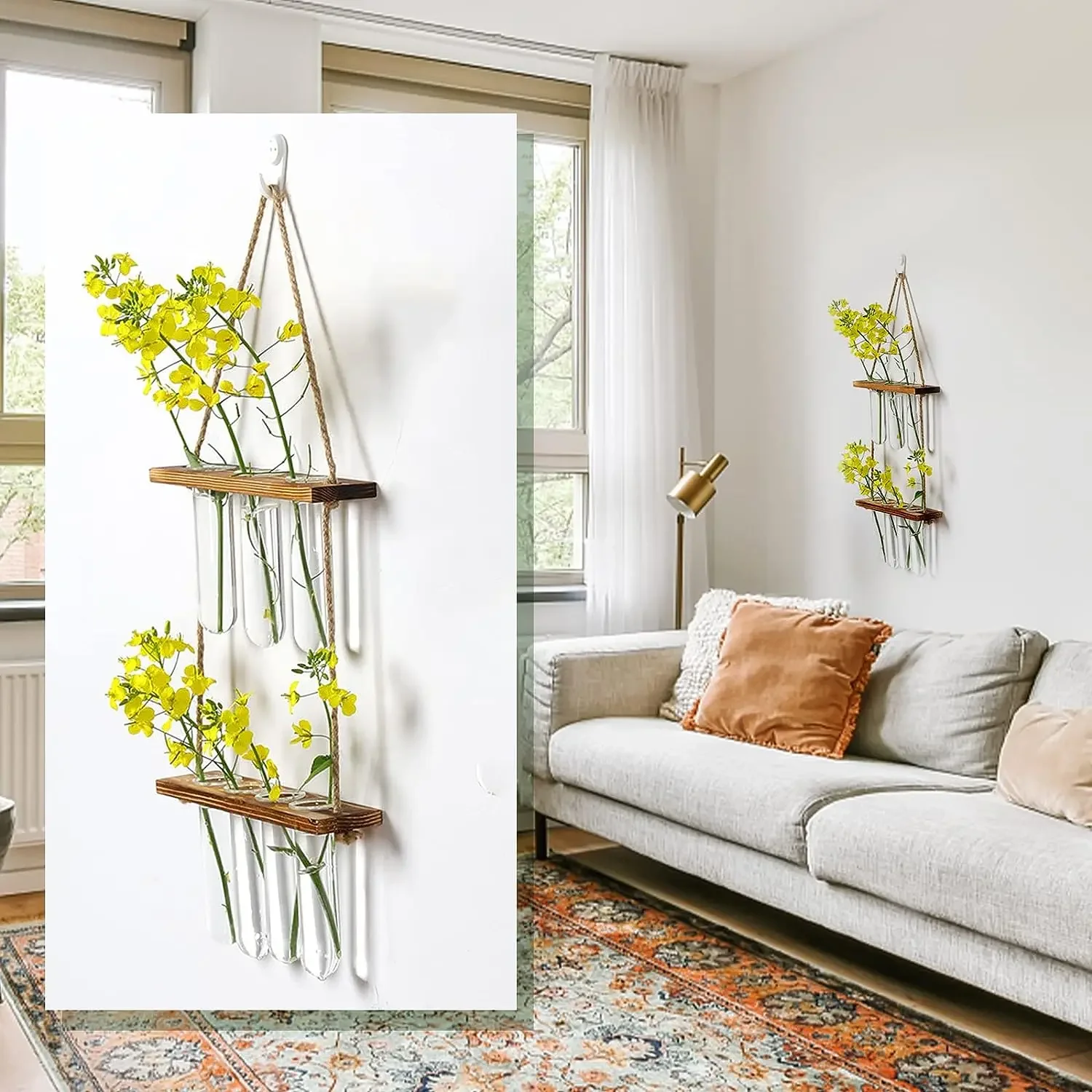 Wall Hanging Test Tube Glass Planter Plant Vase with Wooden Stand & Strings Rope Glass Planter Plant Terrarium  (2 Layer)