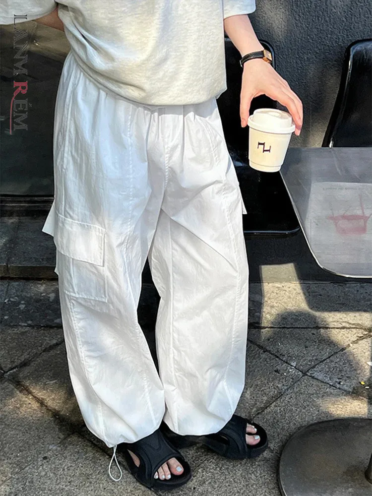 

[LANMREM] Drawstring Design Wide Leg Pants For Women Elastic High Waist Streetwear Loose Trousers 2024 Summer New 26D9458