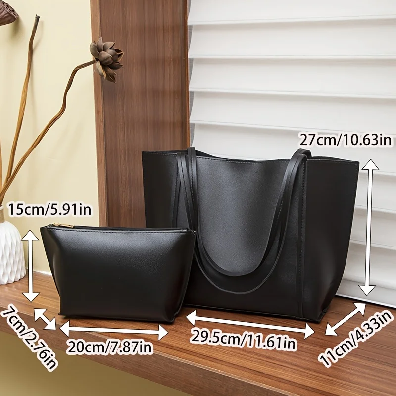 Set di borse nere da donna da 2 pezzi, borsa di grande capacità, chiusura magnetica, borsa tote retrò versatile, borse a tracolla casual quotidiane - immagine 3