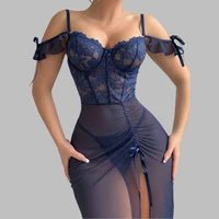 Ladies V Neck Sleepwear Set with Spaghetti Straps Lace Up Front and Sheer Mesh Fabric with Slit Includes Nightdress and Panties - Image 2
