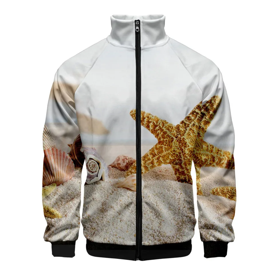 Beach Windmill Stand Collar Zipper Sweatshirts Men Women Ocean Sky Beautiful Seaside View Zipper Hoodie Men's 3D Autumn Coats