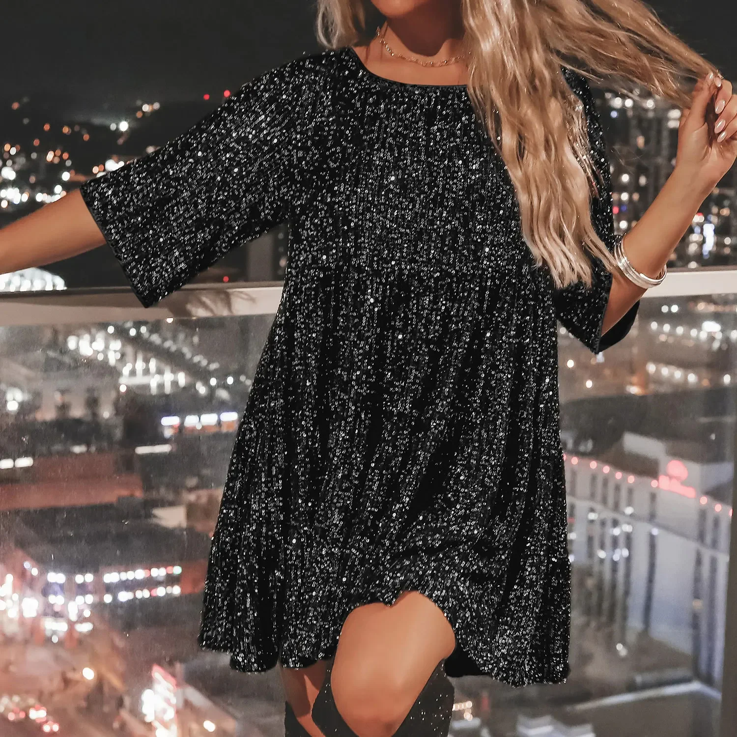 

2024 Summer Women Evening Dress Black Sequined Short Sleeve A-line Sexy Dresses Female New Fashion Party Clothes Lady