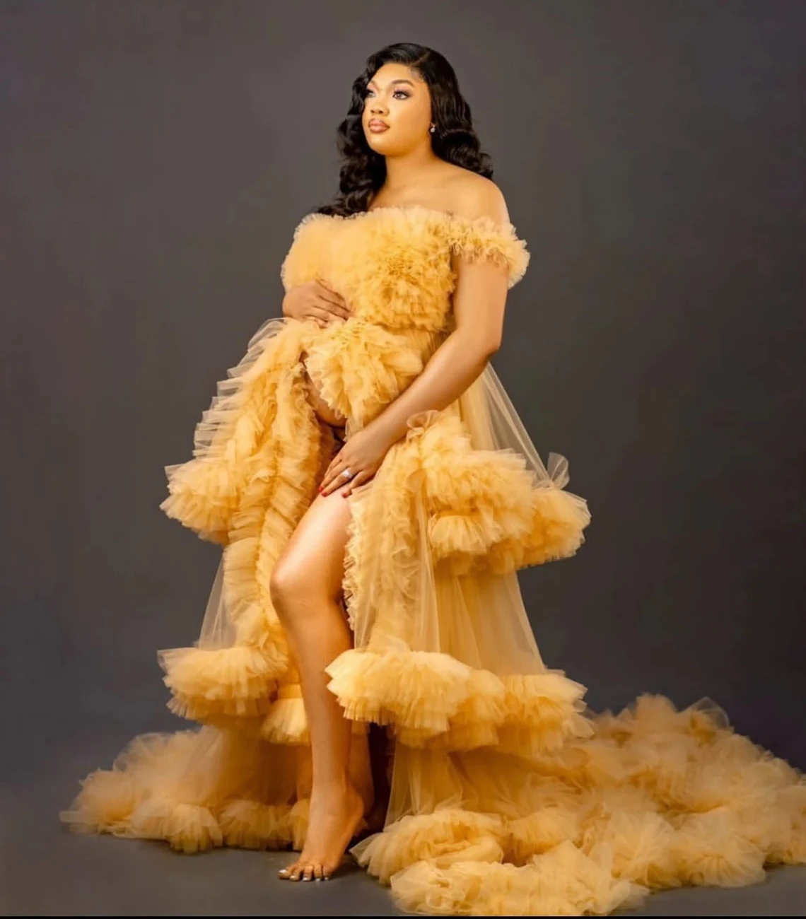 

Sexy Gold Maternity Robes for Photo Shoot Off Shoulder A Line Pregnant Women Dresses Sweep Train Front Split Baby Shower Gowns