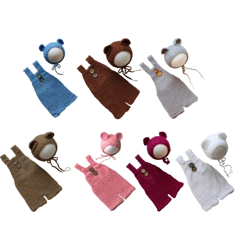 

Newborn Photo Set Bear Hat Crochet Suspender Romper Photo Props Baby Animal Costume Infant Photography Suit Dropship