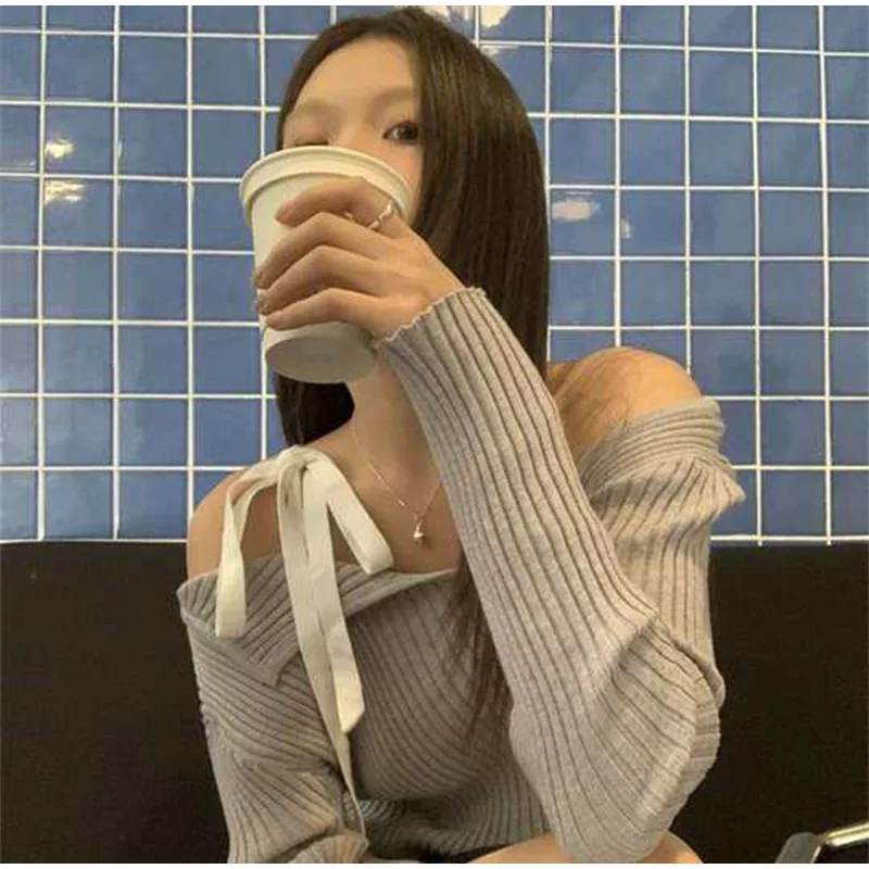 S65c6116ab7804f9b885c2de885bcac58q Fashion Knitted Pullover Women Street Vintage Lace-up Long Sleeve Female Sweater Spring All-match Slim Solid Lady Knitwear Mallzona