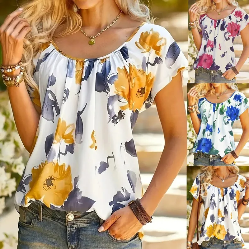

Summer New Loose Print T-Shirt 2023 Women's Round Neck Pleated Pullover Fashion Plus Size Comfortable Top Casual Street Apparel