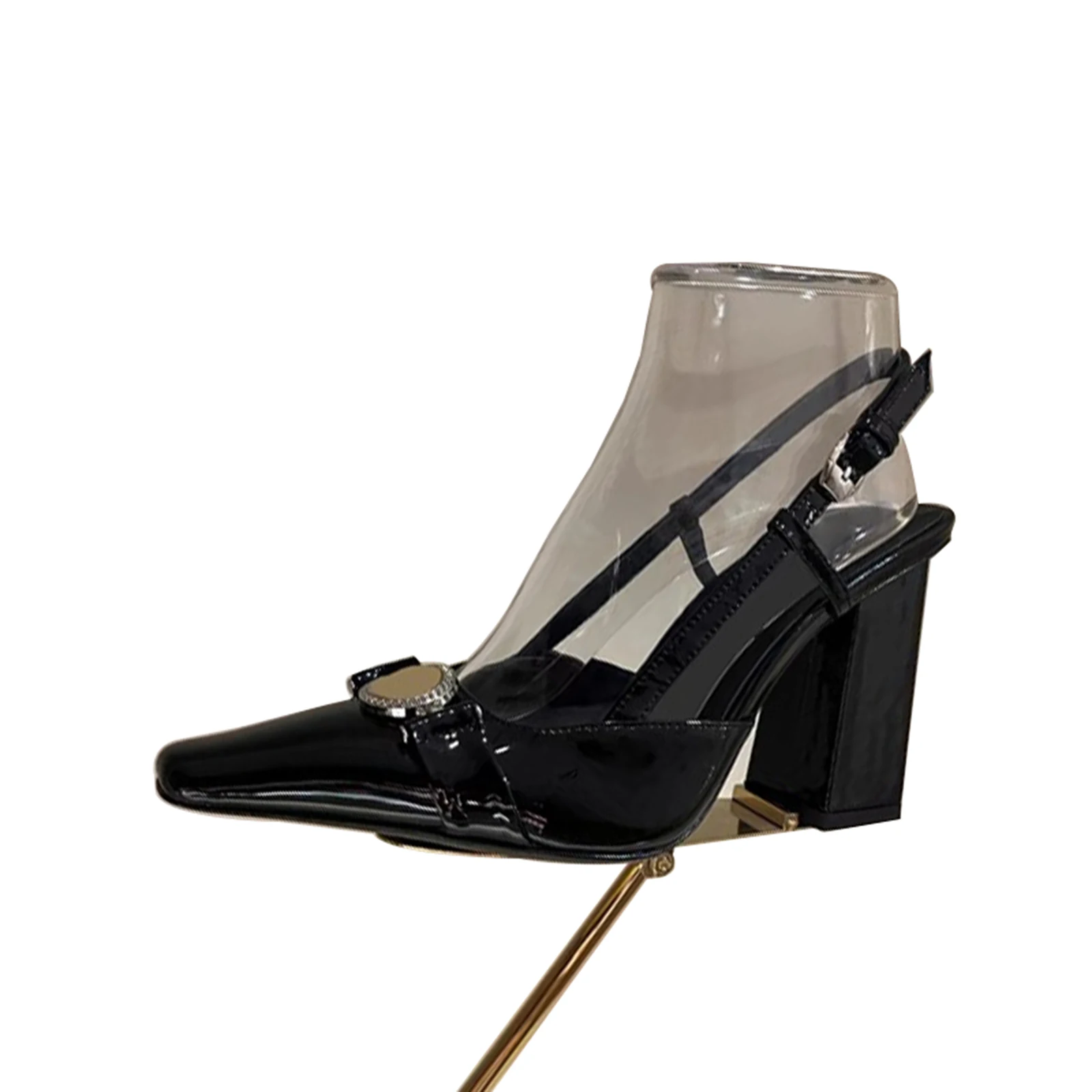 Women's pumps mules metal buckle ankle strap buckle high heel Side buckle back empty single shoe 6