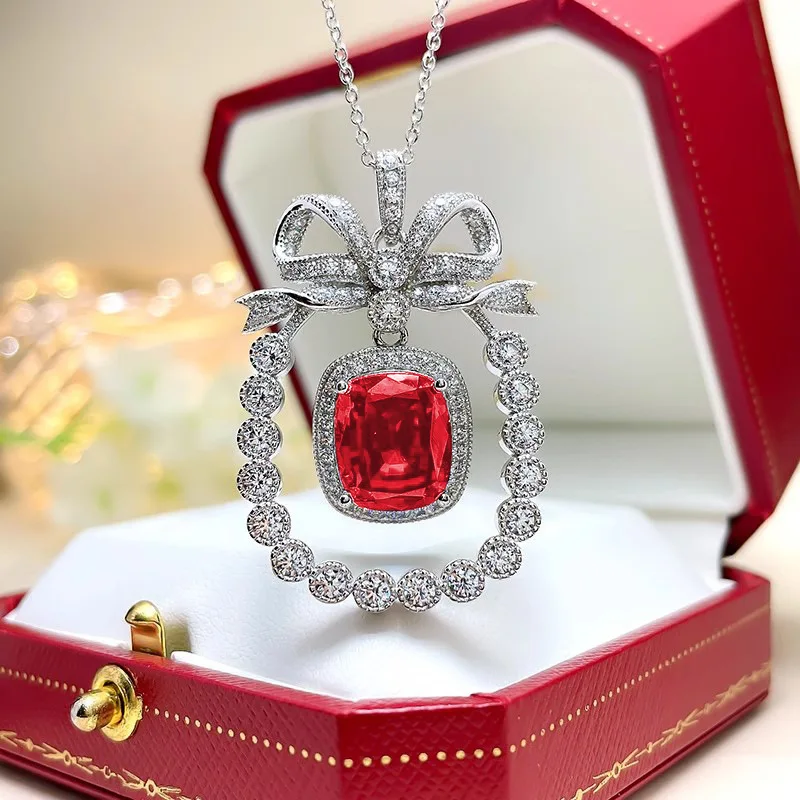 

Elegant Bowknot Necklace 925 Sterling Silver Lab Sapphire Ruby Full Diamonds Pendant Penckalce for Women Classic Wedding Jewelry