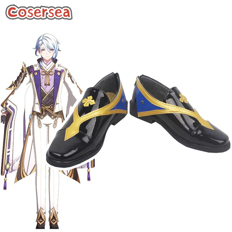 

Cosersea Game Genshin Impact Kamisato Ayato Cosplay Shoes Female Or Male Flat Heel Black Mixed Golden PU Leather Shoe Halloween