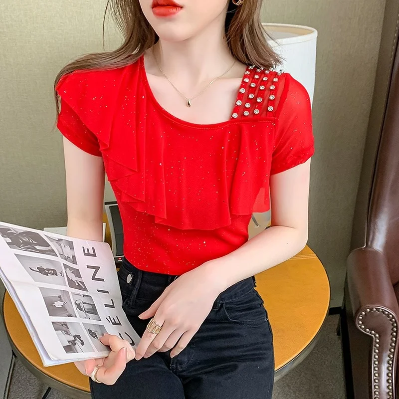 

#5118 Black Blue Red Mesh T Shirt Women Skew Collar Ruffles Diamonds Slim Sexy Short Sleeve T Shirt Female Thin Summer