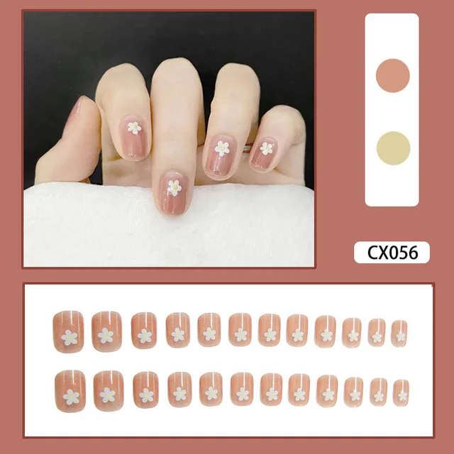 24pcs/box Fake Nails Press on Short Reusable with Designs Set French Artificial Pink False Tipsy Stick-on Nails Tips Art CX056