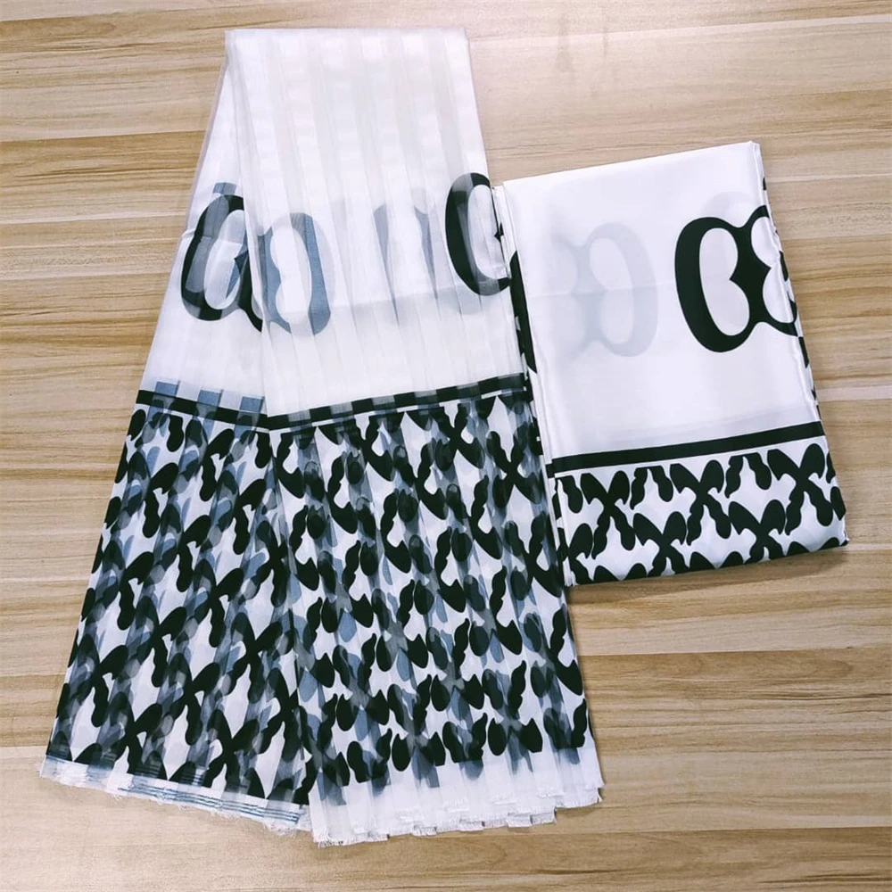 

White And Black African Silk Wax Fabric High Quality Organza Ribbon Silk And Satin Fabrics 3+3 Yards