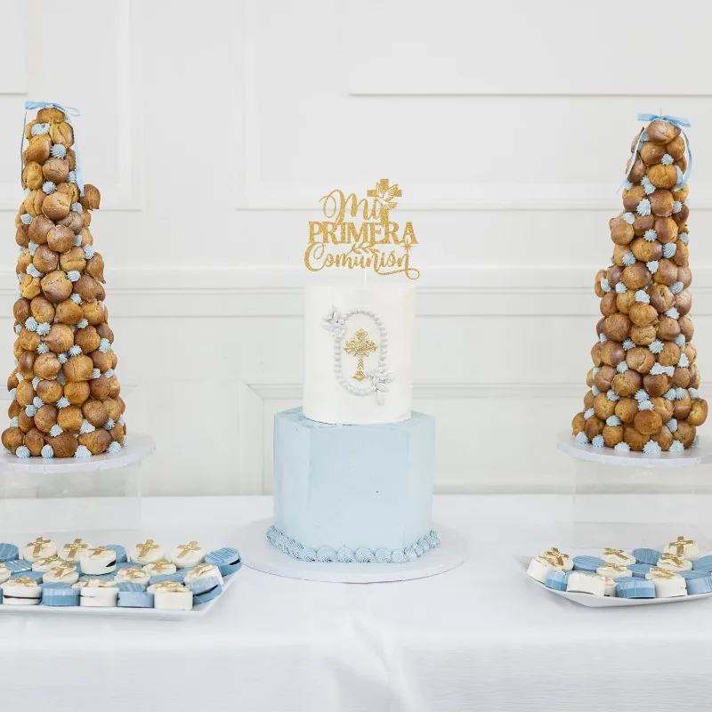 1pcs Spanish First Communion Cake Topper Personalized Gold Cross Religious Cake Decor God's Blessing Acrylic Birthday Party