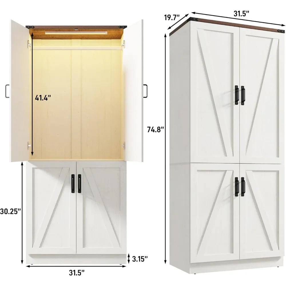 75" Tall Farmhouse 2 Doors Armoire Wardrobe Closet with LED,Freestanding Closet Wardrobe Cabinet for Bedroom with Hanging Rod 2
