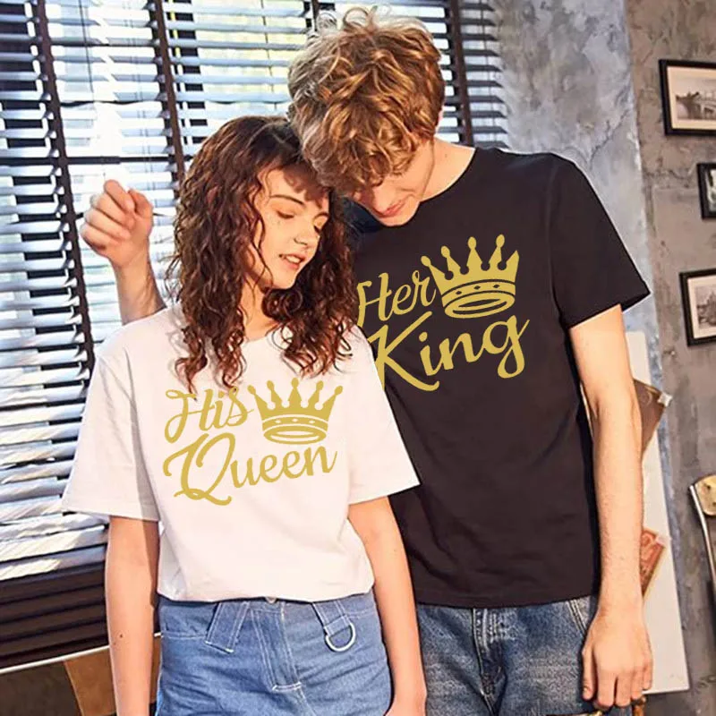 

Her King and His Queen Print Shirts Love Couples Tshirt Tops Fashion Lovers Summer Casual Short Sleeve Tee Valentine‘s Day Gift