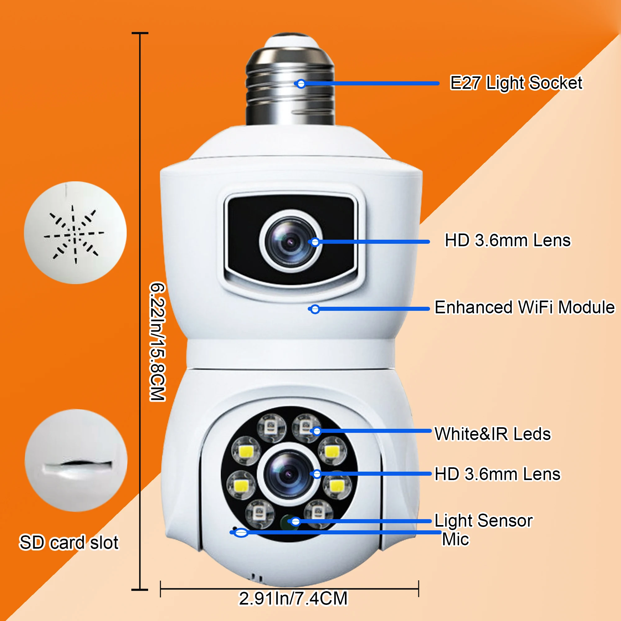 Light Bulb Security Camera Dual Lens 360&deg; Wi-Fi Home Security Cameras Wireless Outdoor/Indoor Color Night Vision 4MP