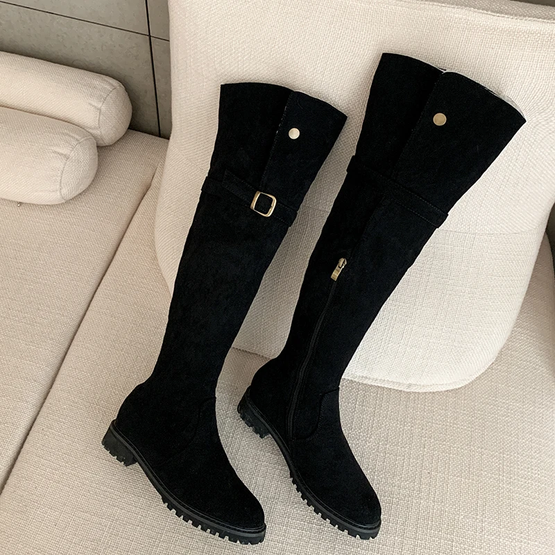

Winter Women Leather Inner Plush Warm Over the Knee Boots Snow Boots Designer Belt Buckles Fur Platform Thigh High Boots Botas