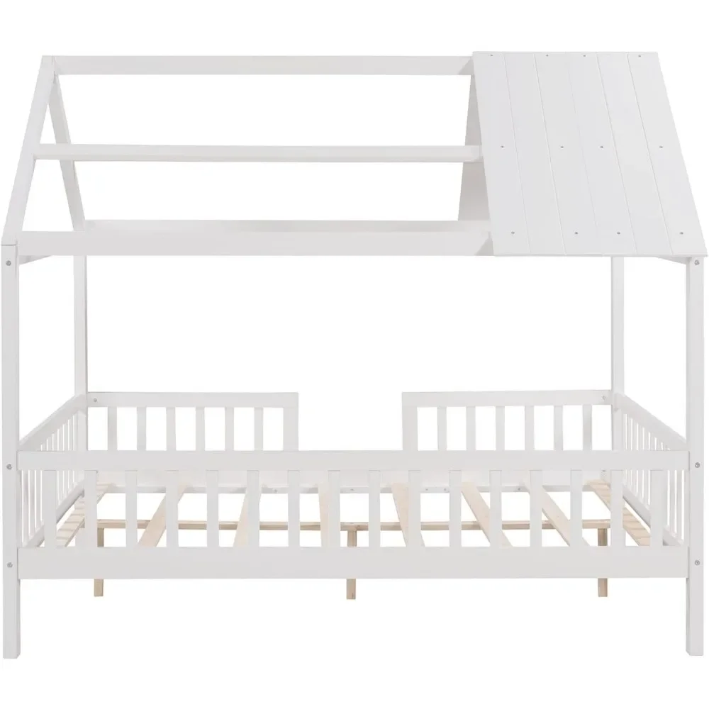 Full House Beds with Rails Wood Montessori Bed Frame Kids White Cabin Bed for Children Boys Girls Teens, Full Size 5