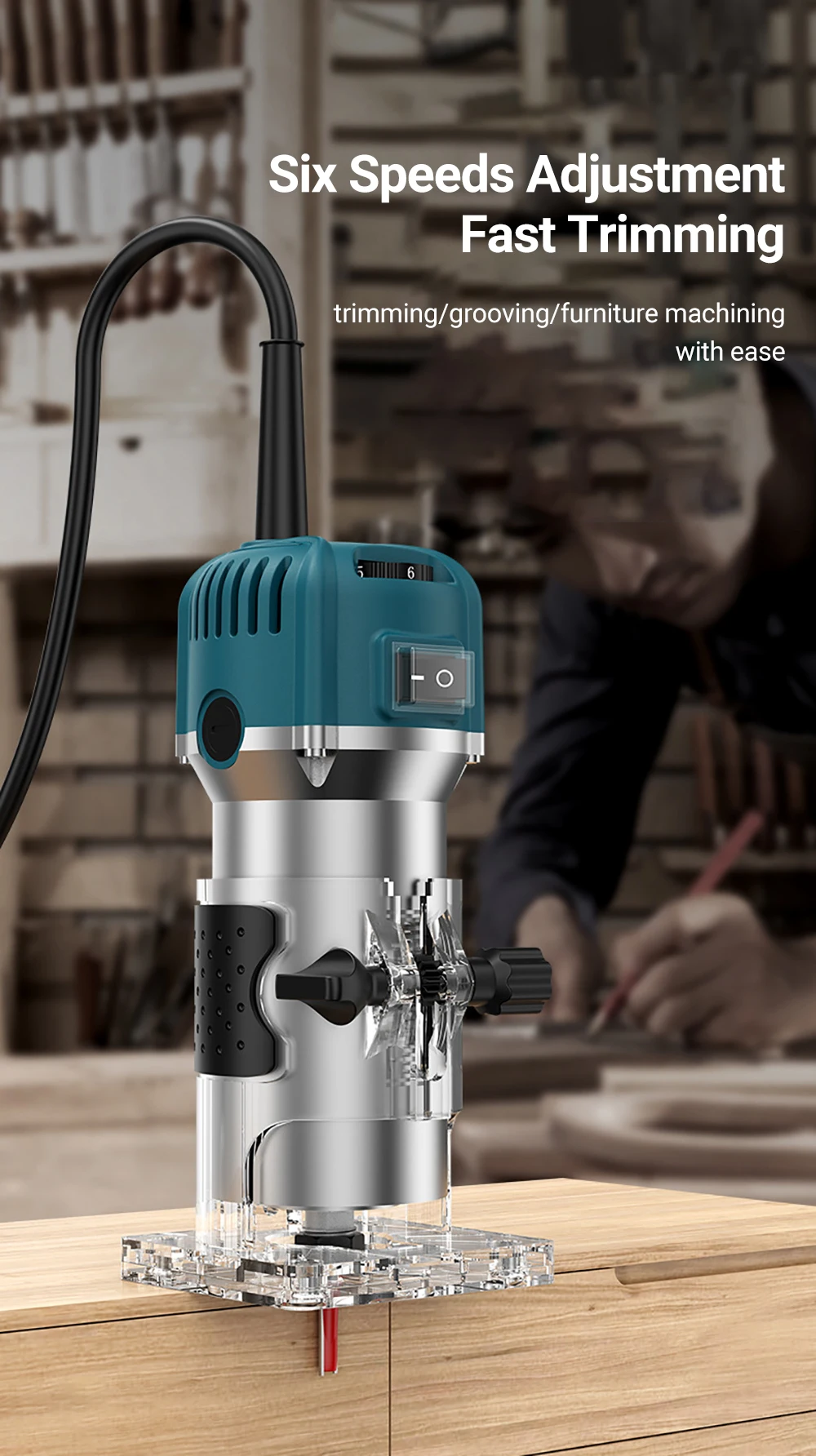Compact Wood Router Tool Electric Hand Trimmer 6 Variable Speeds Woodworking Cutting Tool 33000RPM With 15PCS Router Bits 6