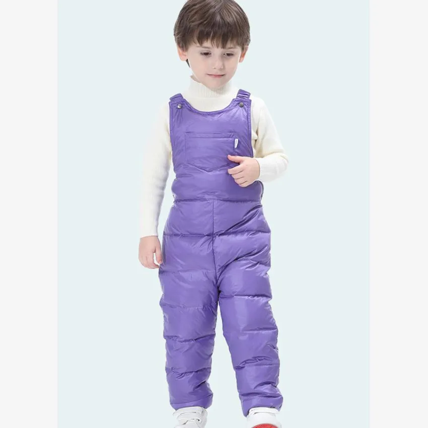 

Winter Boys Girls Down Jumpsuit Children's Thicker Warm Overalls Toddler 90% White Duck Down Pants Kids Trousers A1763