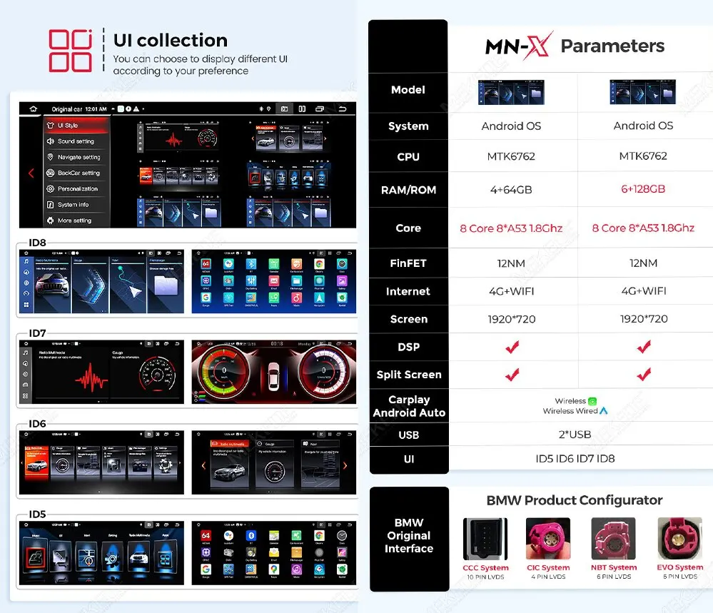 MEKEDE Radio Multimedia para Auto con Pantalla Inteligente de 8.8 Pulgadas, Android 15, 8 Núcleos, 4+64GB, Carplay Inalámbrico para BMW Serie 5 E60 E61 E63 E64, Serie 3 E90 E91 E92 E93, Android Auto Inalámbrico BT, DSP, 4G LTE, WIFI, Reproductor Multimedia para Auto con SWC, Idrive, Mapas de la UE, Pantalla de Navegación GPS, Sistemas Inteligentes. 5