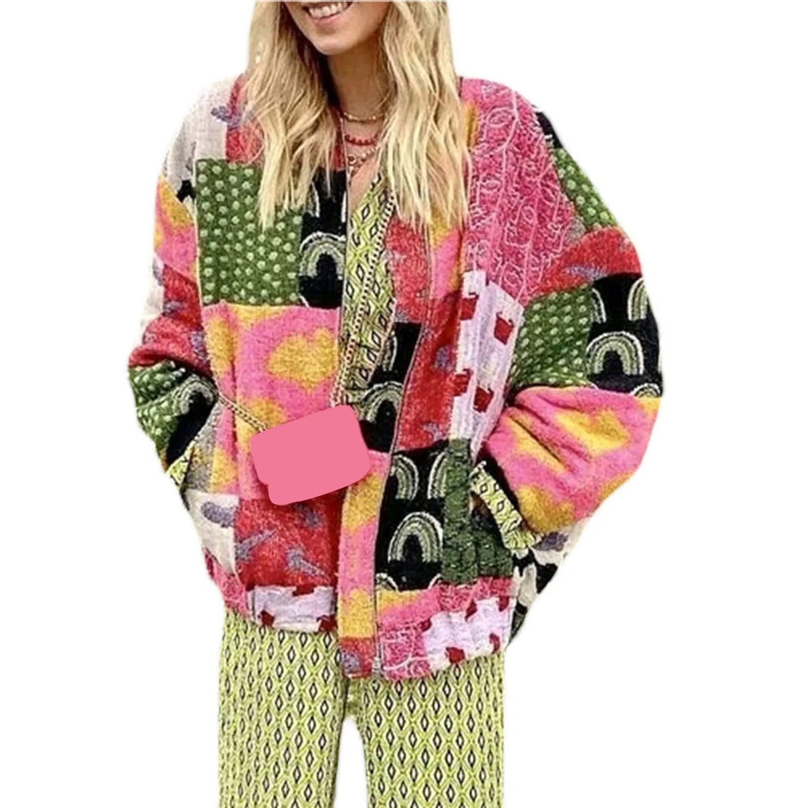 

Women's Oversized Retro Jackets Autumn Winter Loose Coat Graphic Pattern Contrast Color Long Sleeve Front Zipper Bomber Jackets