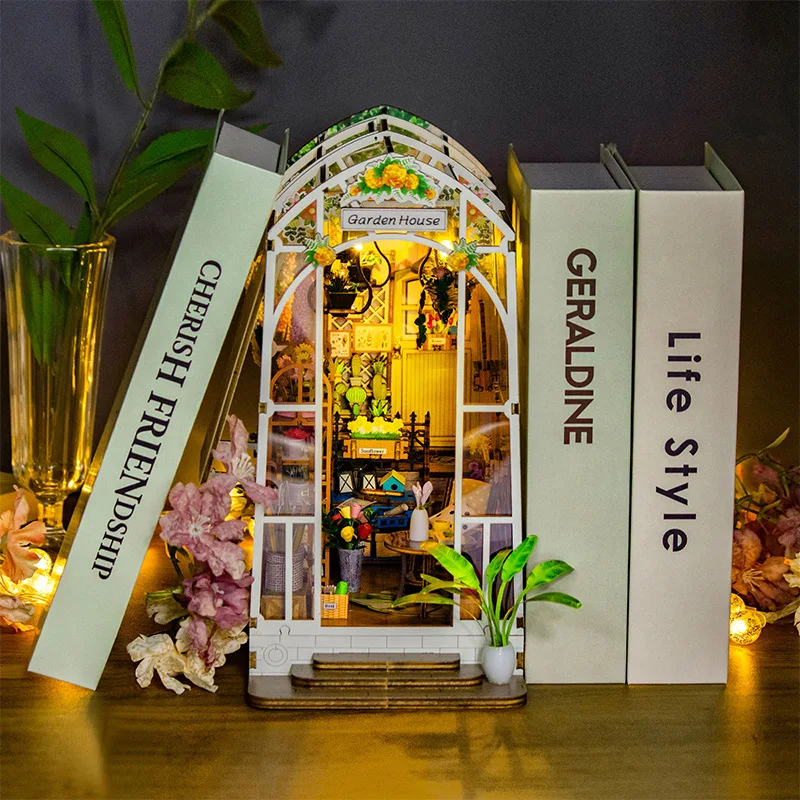 

New DIY Wooden Book Nook Garden House Model Bookend Book Shelf Bookcase Dollhouse Assemble Toys for Children Adult Gift Casa