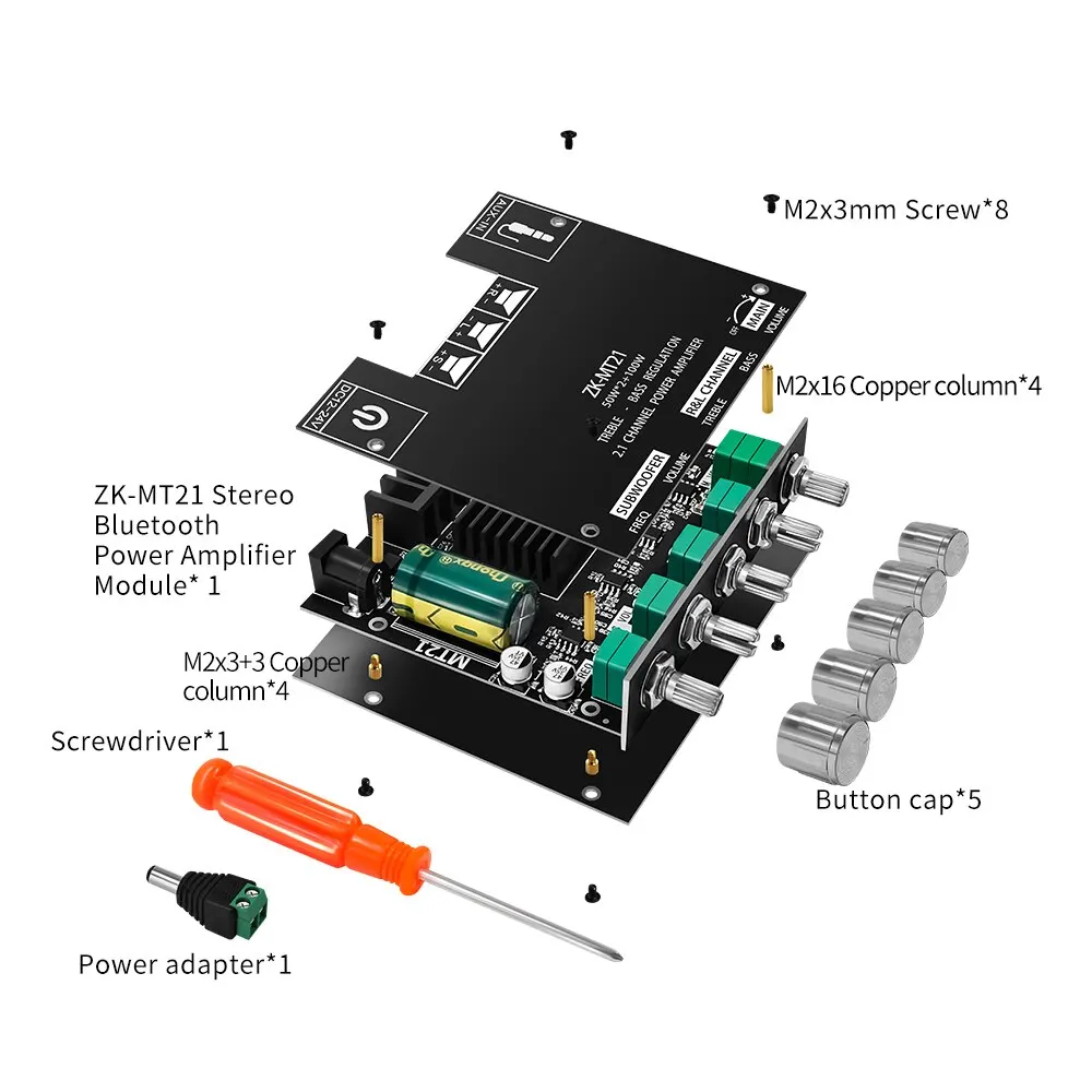 Audio Amplifier Board ZK-MT21 Channel Bluetooth 5.0 CS8673E 2.1 Subwoofer Amplifier Board 50W*2 +100W Power Stereo Bass AMP AUX