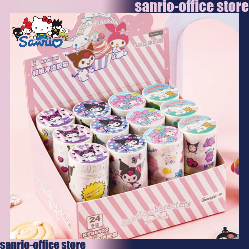 24pcs-sanrio-anime-kuromi-cinnamoroll-tape-handbook-material-decoration-sticker-children-diy-tape-ins-stationary-stickers