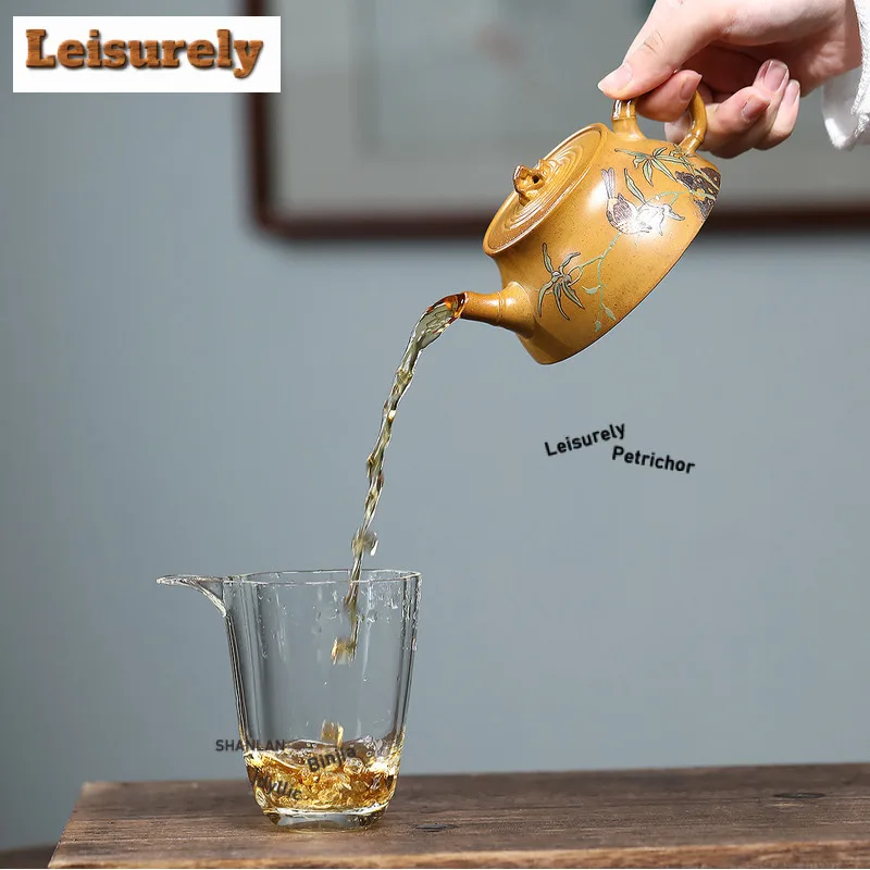 200ml Aesthetic Yixing Purple Clay Teapots Handmade Flowers And Birds Pot Raw Ore Wood-fired Porcelain Mud Kettle Zisha Tea Set