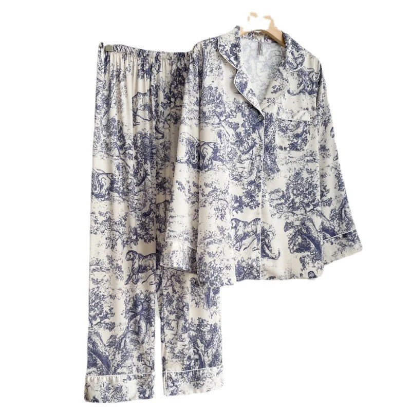 New Spring Summer Ink Printed Ice Silk Pajamas For Women Korean Long Sleeved Cardigan Lapel Pants 2Pcs Female Home Sleepwear Set