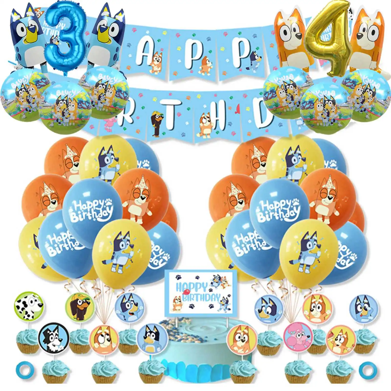 Bluey Christmas Birthday Party dinnerware Disposable Banner Cake Topper Hanging Flag bluey number Balloons Birthday Decoration