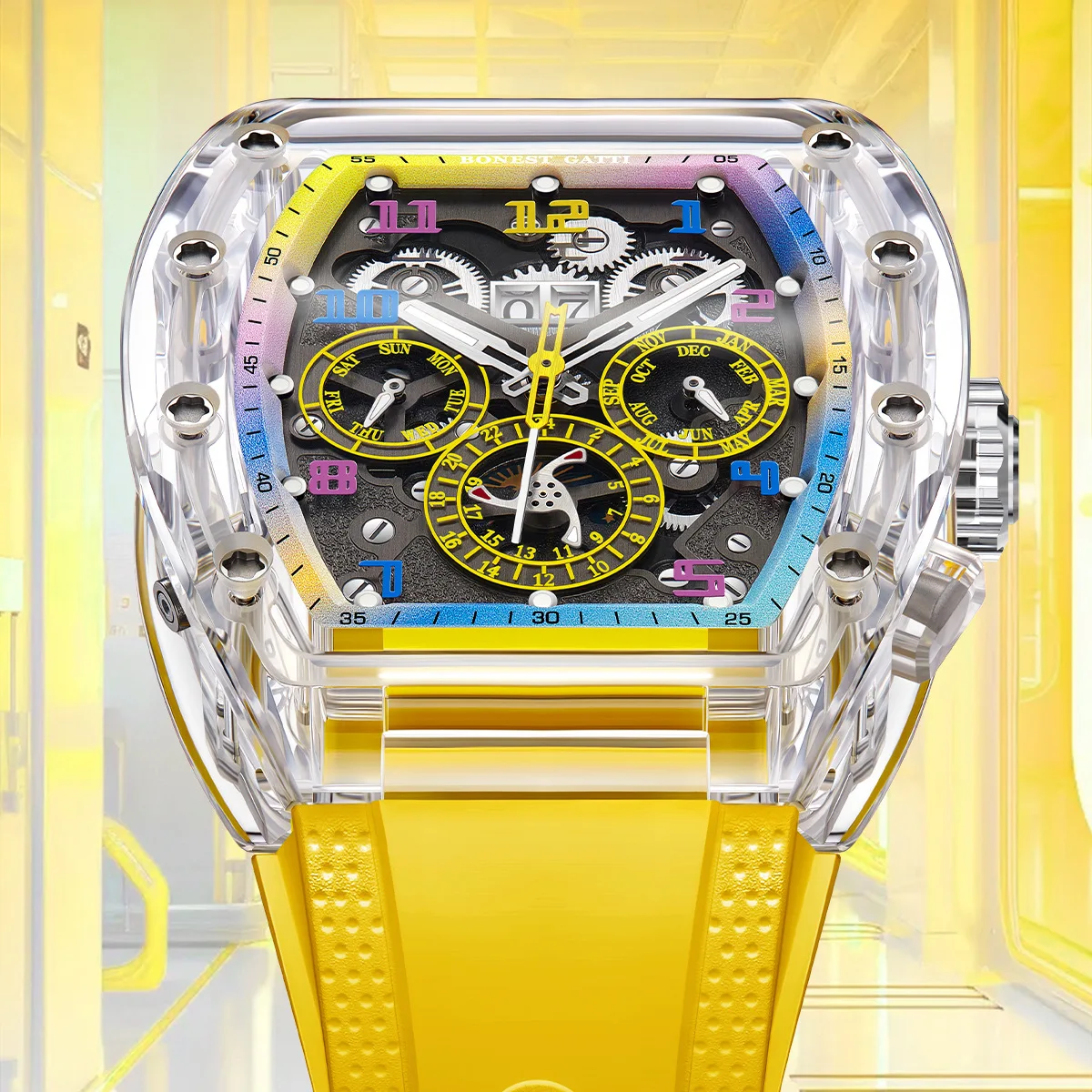 BONEST GATTI Watch men's wine barrel shaped multifunctional three eye acrylic transparent shell mechanical watch