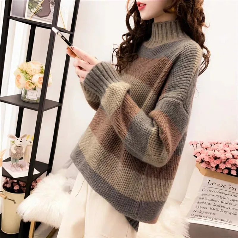 New Women's Semi-turtleneck Knitted Long-sleeved Sweater Autumn and Winter Fashion Splicing Women's Loose Casual Office Pullover