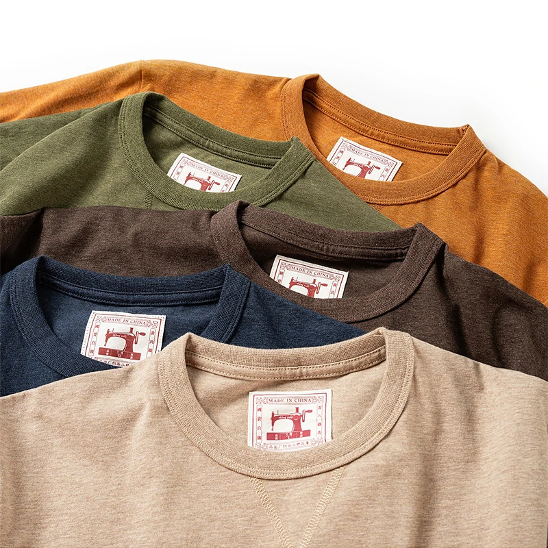 Retro Japanese Sle ort Sve T-irt Pure Cotton Yarn Proc Heavyweight 240g Basic round Ne ket T-irt