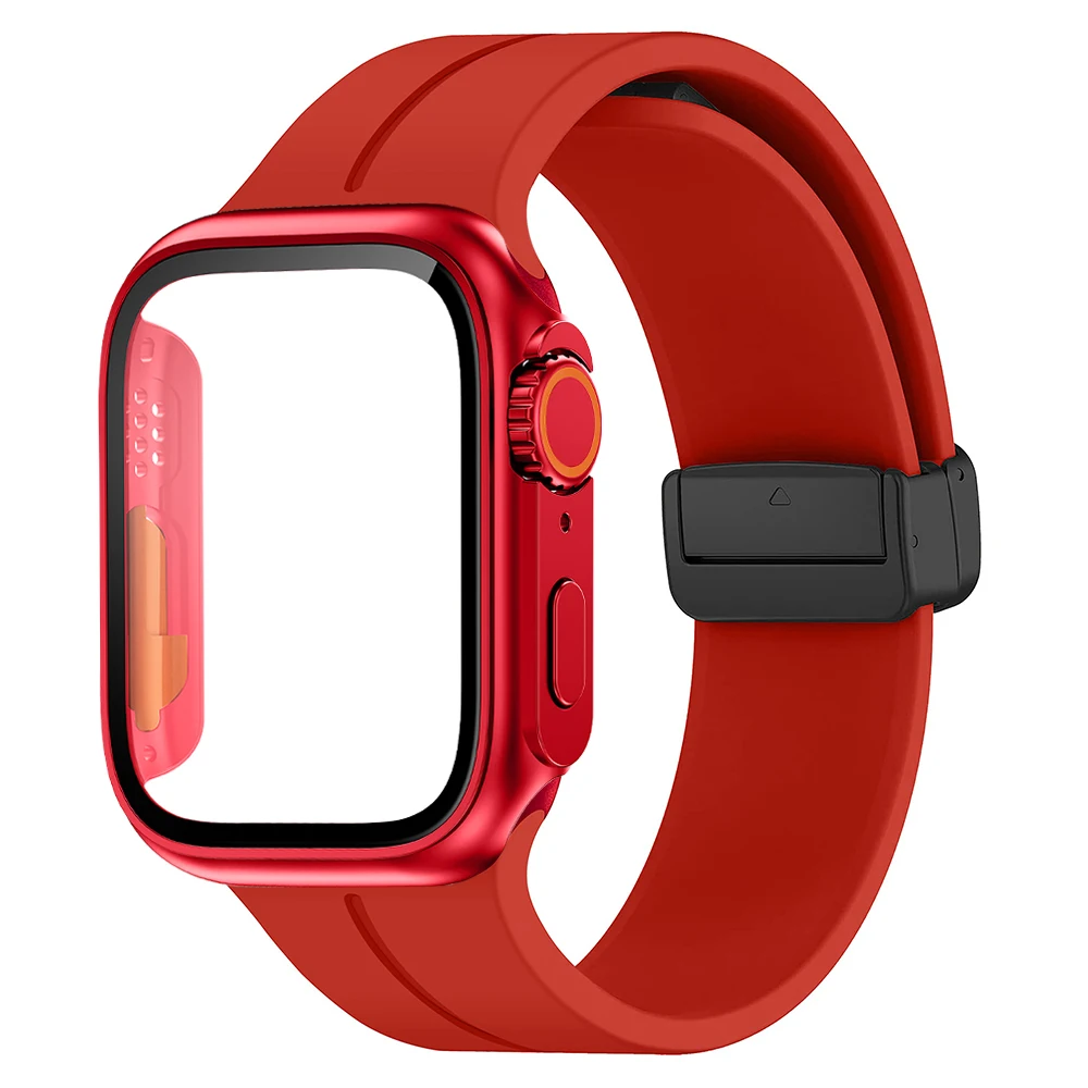 Glass+case+strap For Apple watch band 45mm 44mm 41mm 40mm 49mm Magnetic Silicone Bracelet+cover iWatch Series 5 6 SE 7 8 ultra