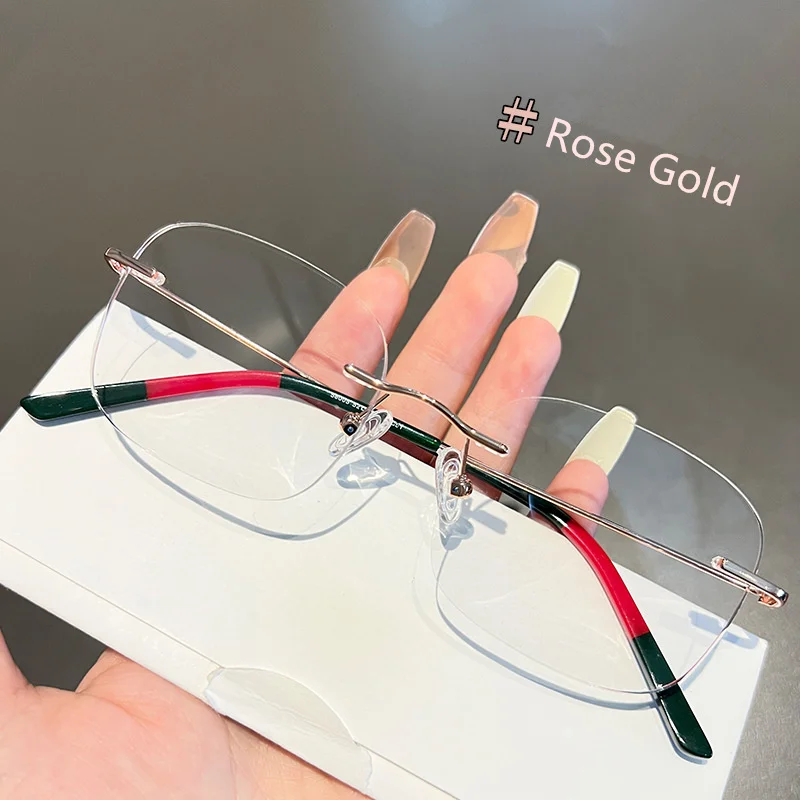 

New Ultralight Square Slim Gold Frameless Glasses Frame Female Anti-Blue Plano for Prescription Eyewear There Color Plank Tip