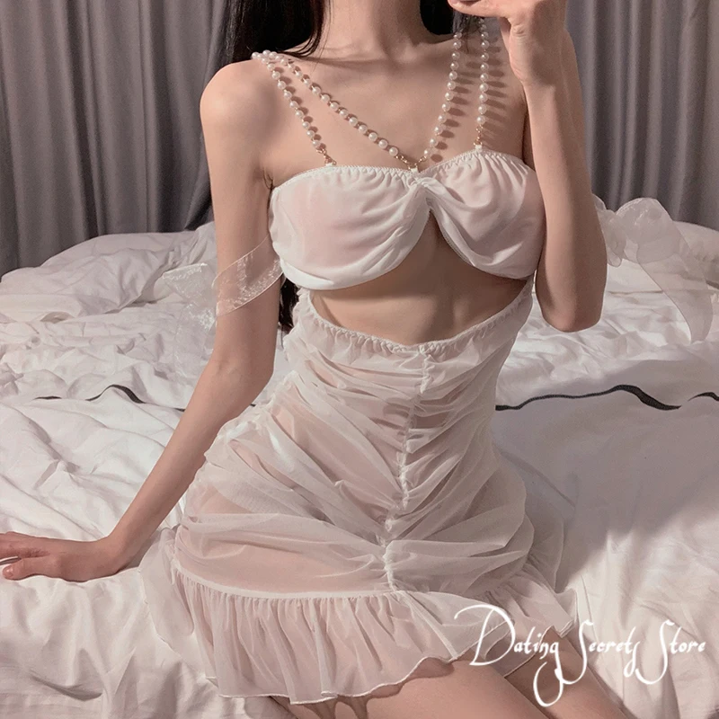 

Dating Secret Sexy Lingerie Sexy Folds Slim Pajamas Gauze Perspective Folds Suspender Skirt Housewear Suit