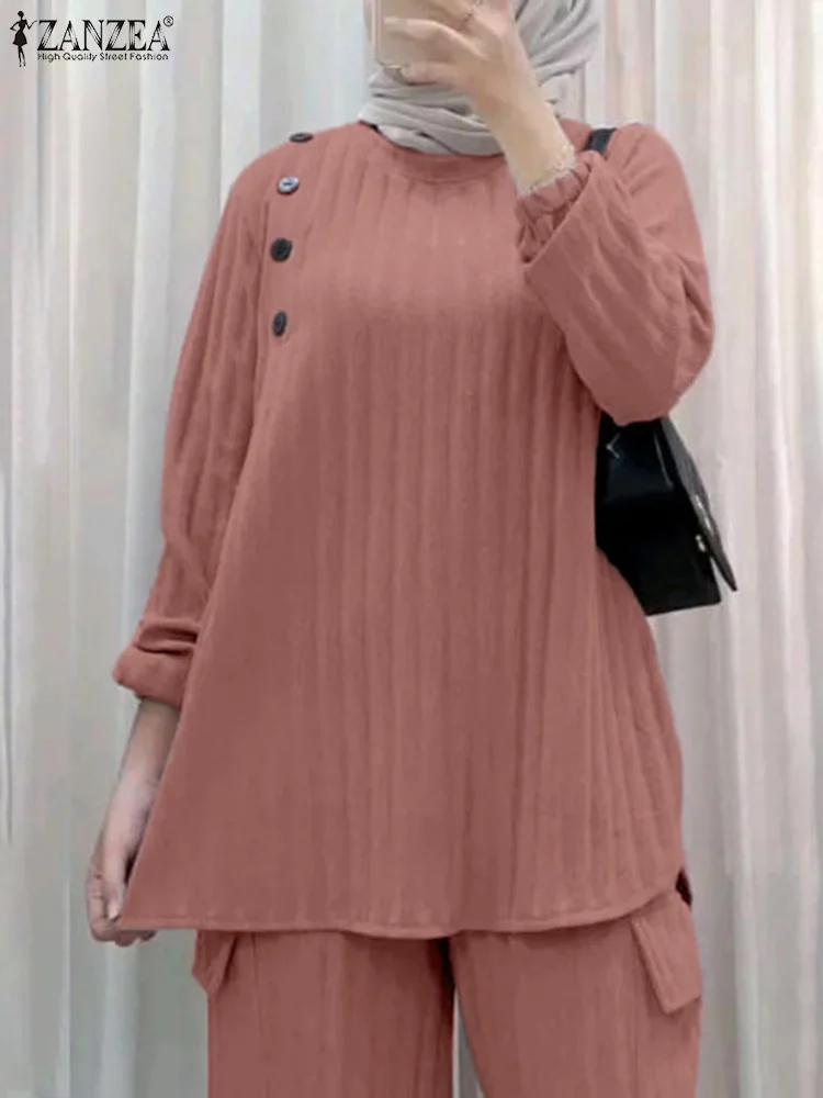 ZANZEA 2PCS Women Spring Long Sleeve Blouse Duabi Wide Leg Pant Sets Elegant Solid Matching Sets Muslim Sets Tracksuits Oversize