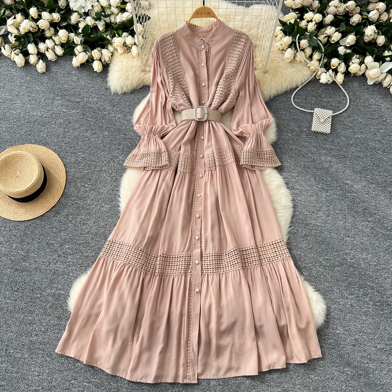 Chic Lace Slim Stand Collar Long Sleeve Spliced Single Breasted Dress High Street Vintage Evening Women Autumn Winter Clothing