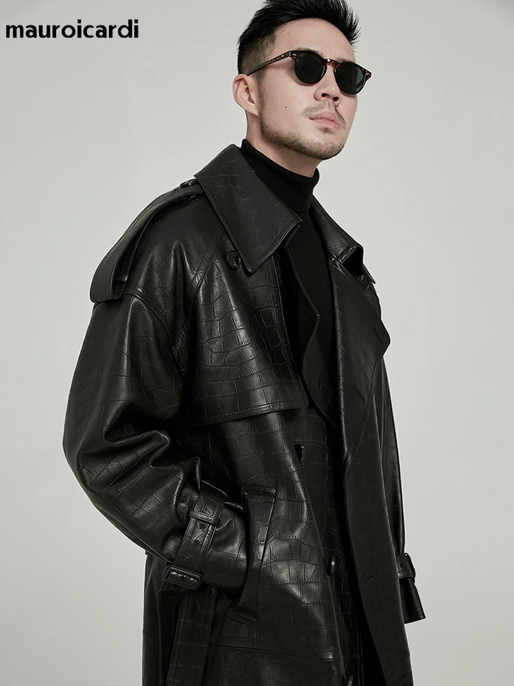 Mauroicardi Spring Autumn Long Black Crocodile Print Pu Leather Trench Coat Men Belt Double Breaste Runway European Fashion 2023 5